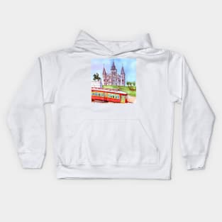 St. Louis Cathedral, and street car as seen in Jackson Square New Orleans Kids Hoodie